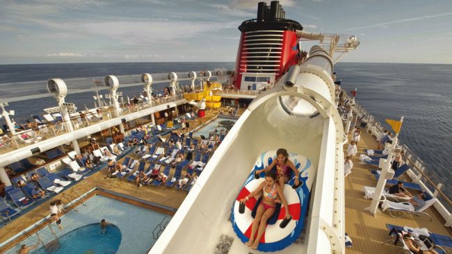 AquaDuck is an exciting "water coaster" located aboard the Disney Dream. Developed for the Disney Cruise Line by Disney Imagineers, this elevated water coaster is the first of its kind at sea.