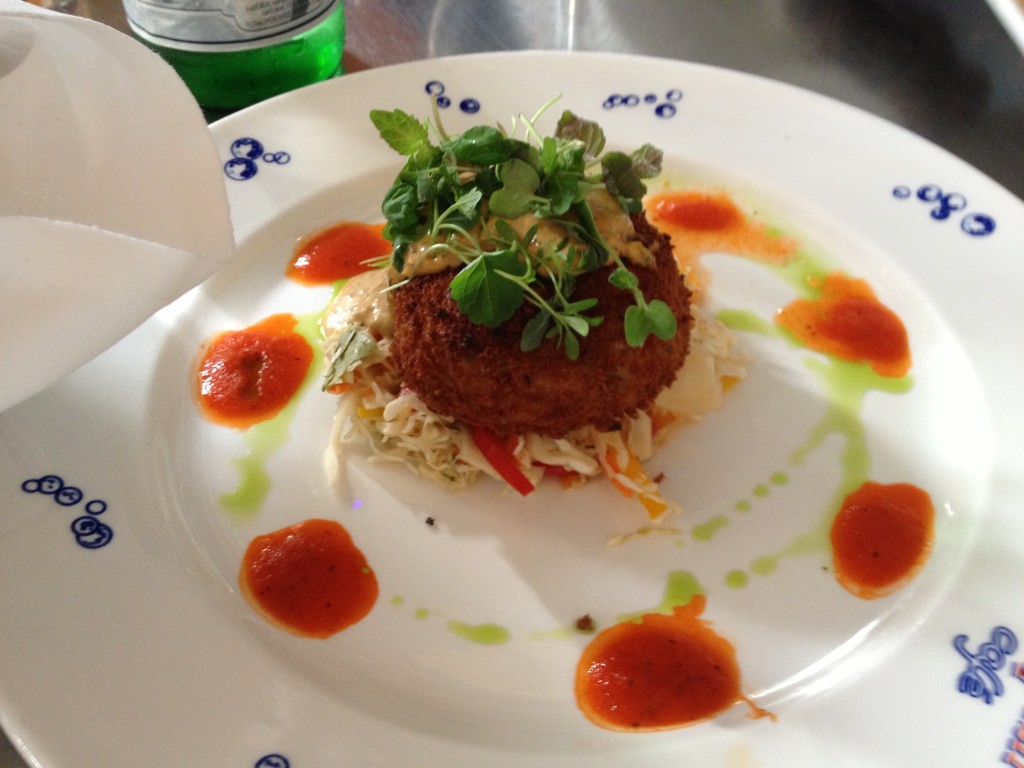 "Crispy Maine Coast Jonah Crab Cake" - with Vegetable Slaw and Ancho Chile Rémoulade